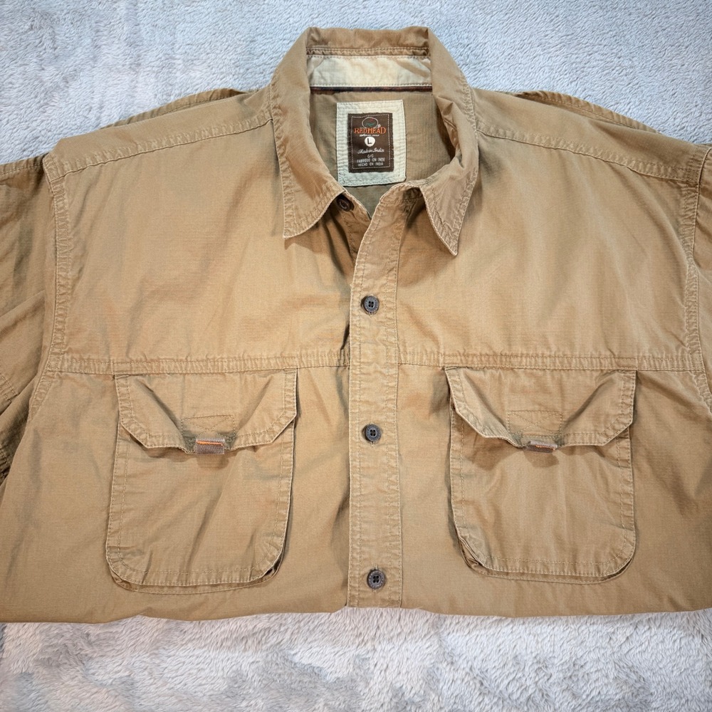 REDHEAD Tan Short Sleeve Button Up Field Shirt Outdoor Utility Pockets Size‎ L